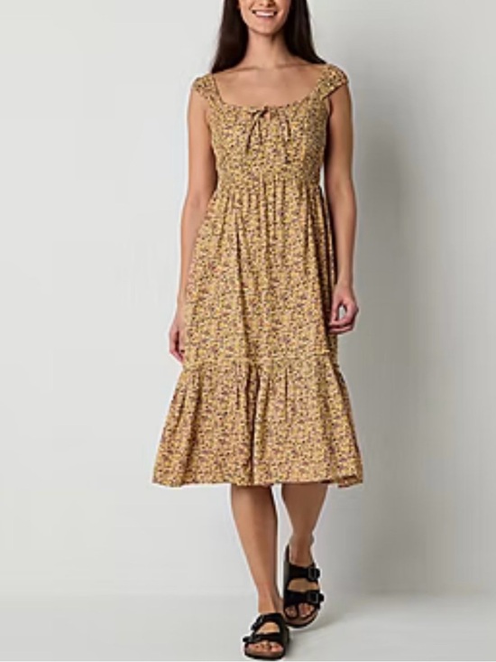 Arizona Jean Company Dresses & Skirts - Arizona Jean Company Yellow Floral Midi Dress with Smocked Bodice XS